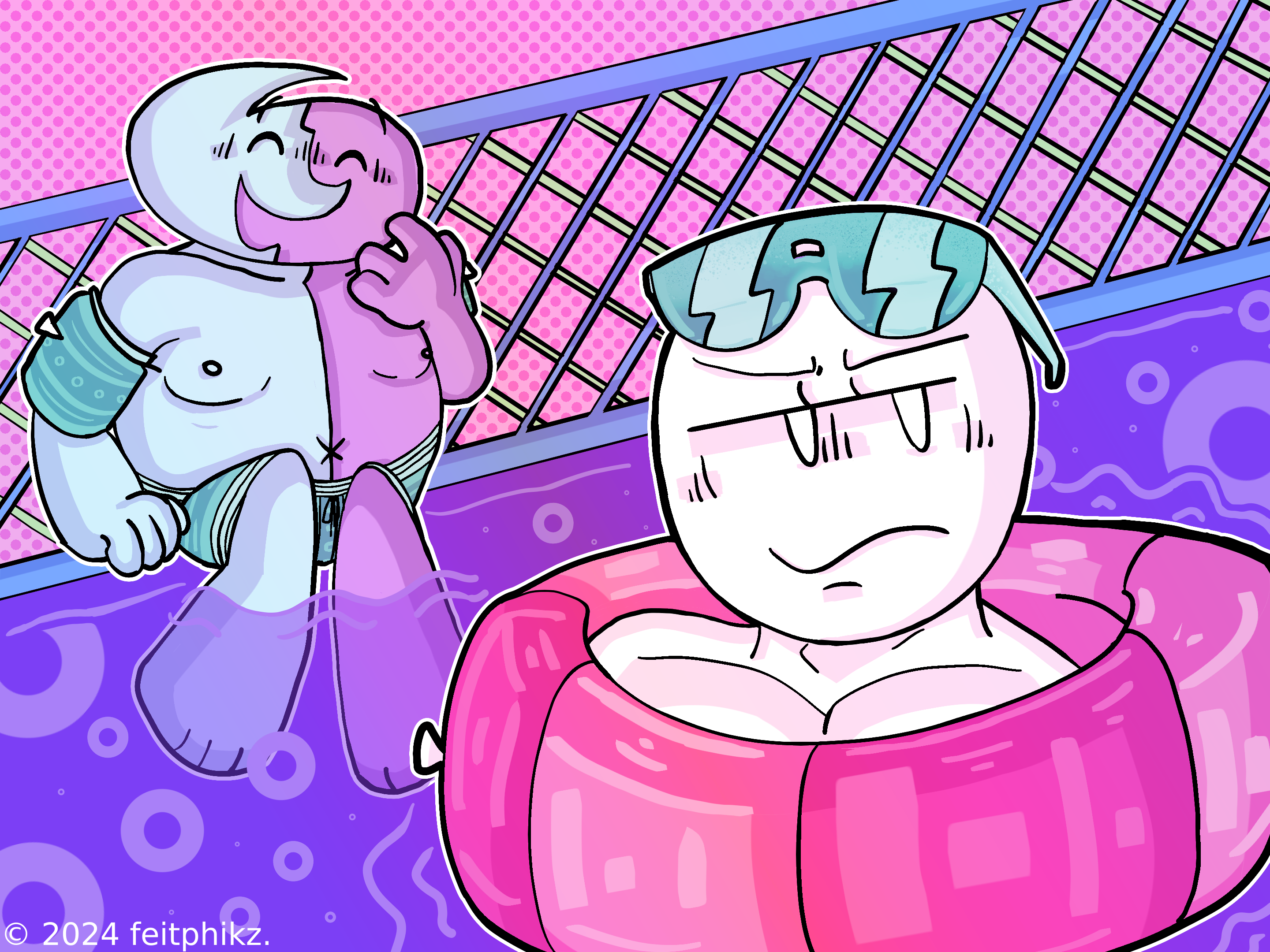 Illustration of Weep ExtraBold and Busteaux Von SprayCan from Museum Seiklused. They are in a pool. Weep is wearing swimming trunks while Busteaux is in a hot pink floatie with sunglasses. Weep is giggling at Busteaux while Busteaux frowns.